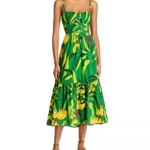 FARM Rio Banana Aquarela Green and Yellow Tropical Midi Dress
